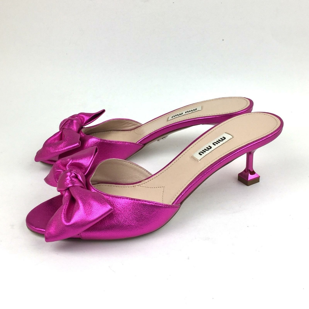 Miu Miu Metallic Hot Pink Bow Mule Sandals